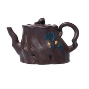 Brown Tree Trunk teapot with bark texture and blue gold ginkgo leaves Yixing Zisha style