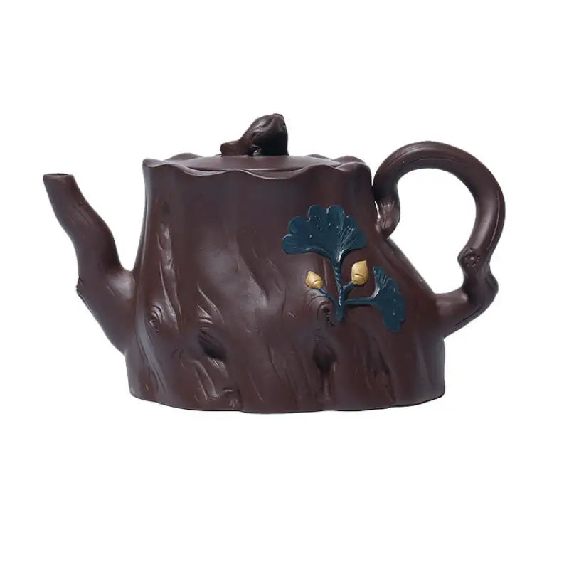 Brown Tree Trunk teapot with bark texture and blue gold ginkgo leaves Yixing Zisha style