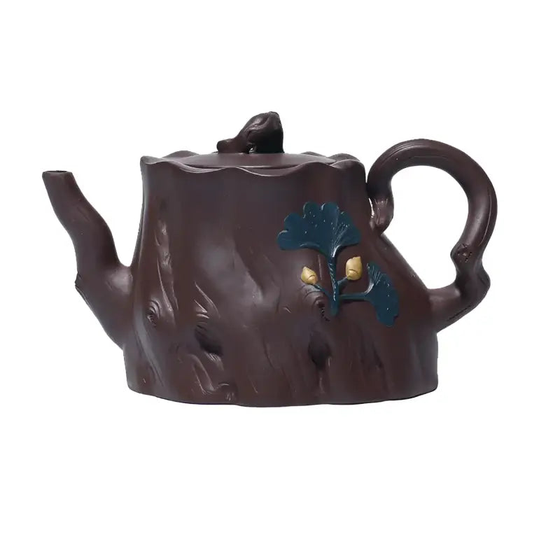 Brown Tree Trunk teapot with bark texture and blue gold ginkgo leaves Yixing Zisha style