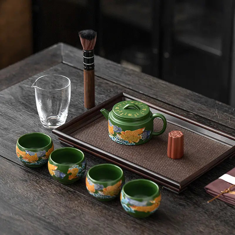 Green tea set with floral design in Twilight Bloom Yixing Zisha clay style