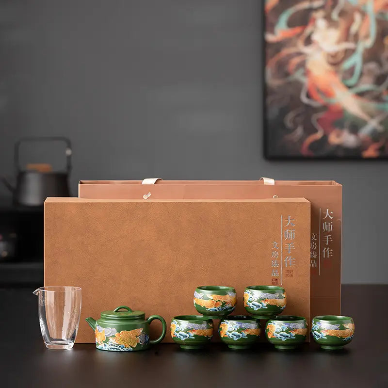 Green and gold Twilight Bloom Tea Set made from Zisha clay, Yixing Zisha craftsmanship