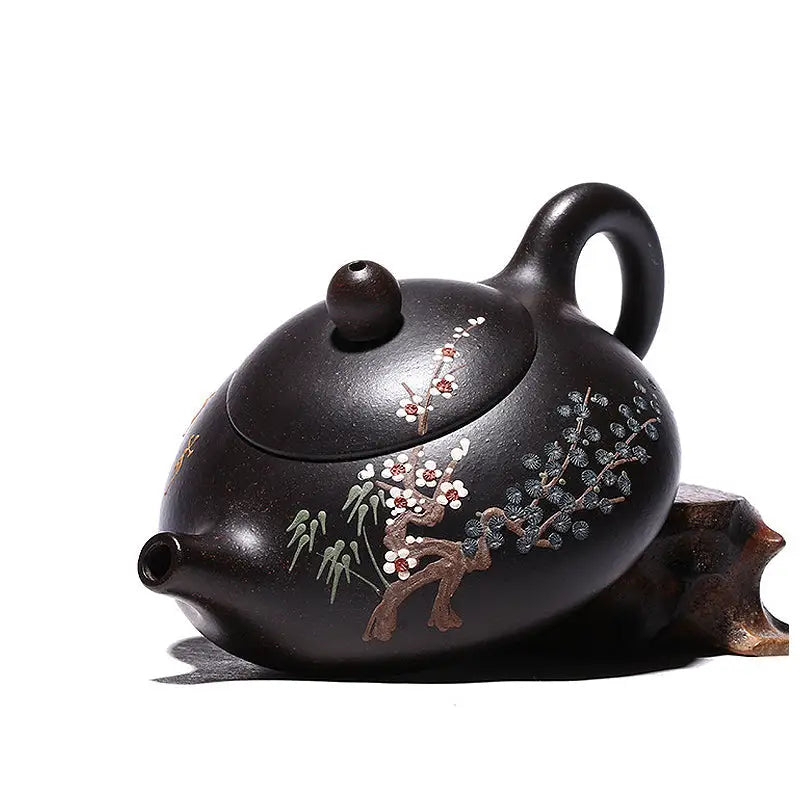 Dark brown Twilight Plum Yixing teapot with hand-painted plum blossoms on black Zisha clay