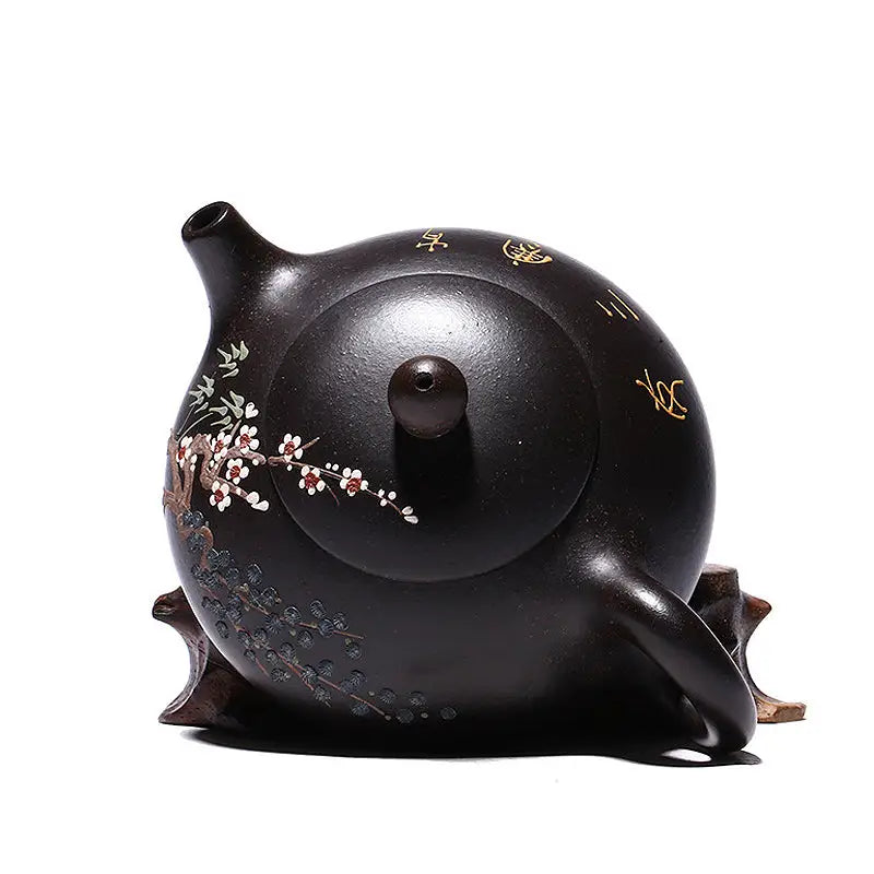 Dark brown Twilight Plum Yixing teapot with hand-painted plum blossoms in black Zisha clay
