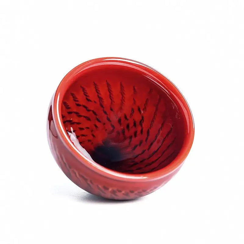 Red ceramic shaving scuttle named Vampire with bold crimson zhan blood-red glaze teacup