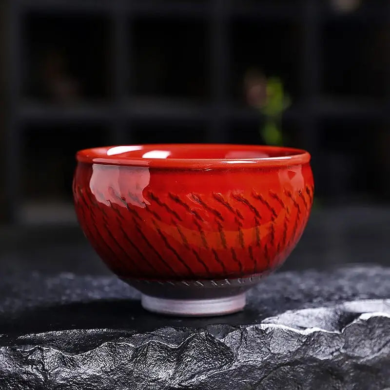 Glossy red ceramic bowl with blood-red glaze teacup design in Jian Zhan style for Vampire