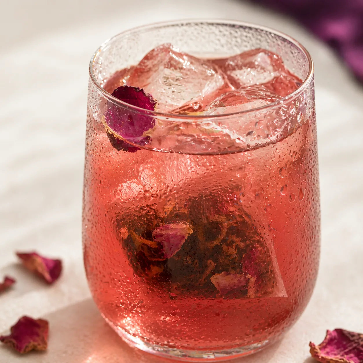 Teazelab Velour Rose Cold Brew Tea drink color closeup
