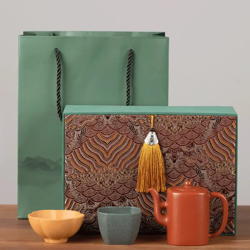 Verdant Echo Tea Set with Yixing Zisha Teapot, decorative box, and bag for tea lovers