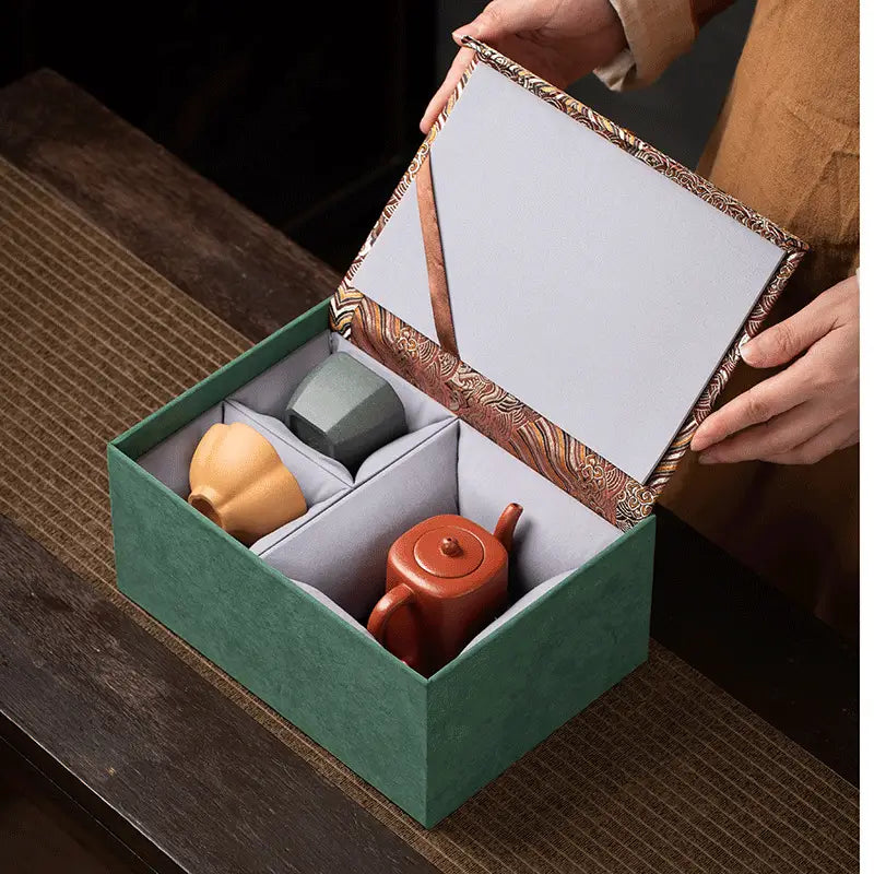 Verdant Echo Tea Set with Yixing Zisha Teapot in a green velvet box