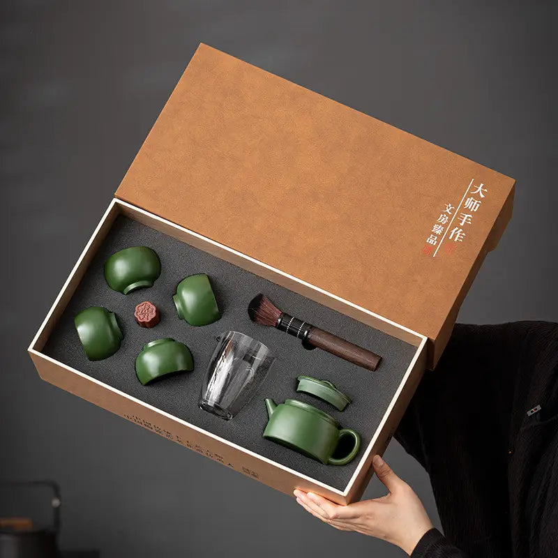 Verdant Voyage Tea Set with clay teapot in gift box showcasing elegant teaware set