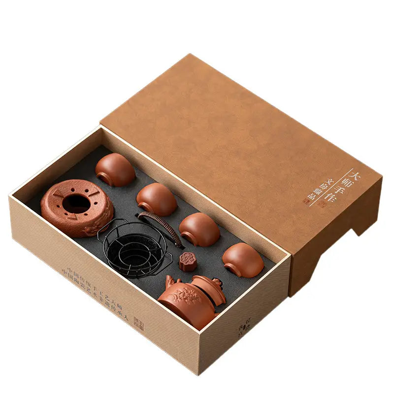 Vermilion Harmony Tea Set with Yixing Teapot in Vermilion Zisha Clay displayed in a box
