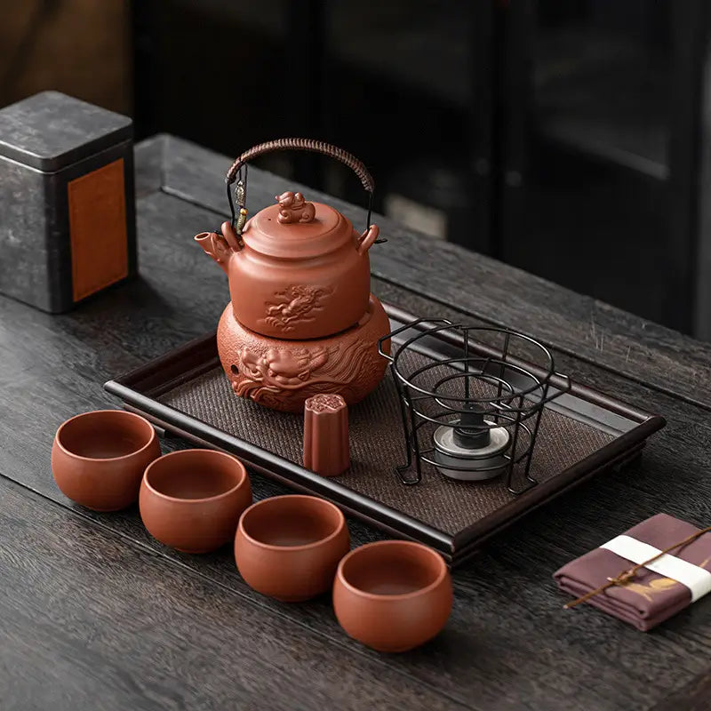 Vermilion Harmony Tea Set with dragon motif, Yixing teapot in vermilion Zisha clay