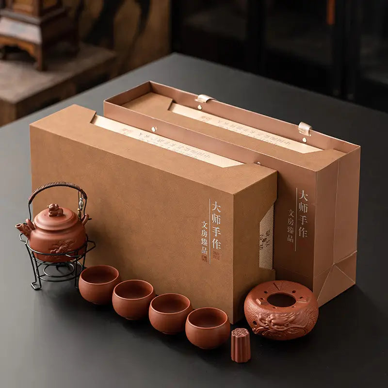 Earthenware Vermilion Harmony Tea Set with Yixing Teapot in gift boxes made from Vermilion Zisha Clay