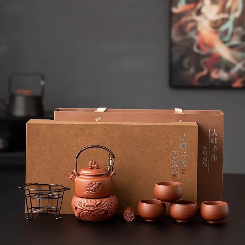 Vermilion Harmony tea set with dragon motif crafted from Yixing Zisha clay