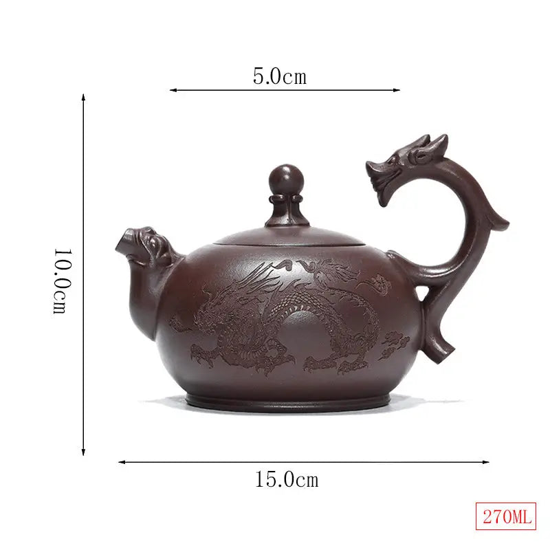 Brown Wandering Dragon Yixing Zisha Teapot with Dragon Handle and Dimensions