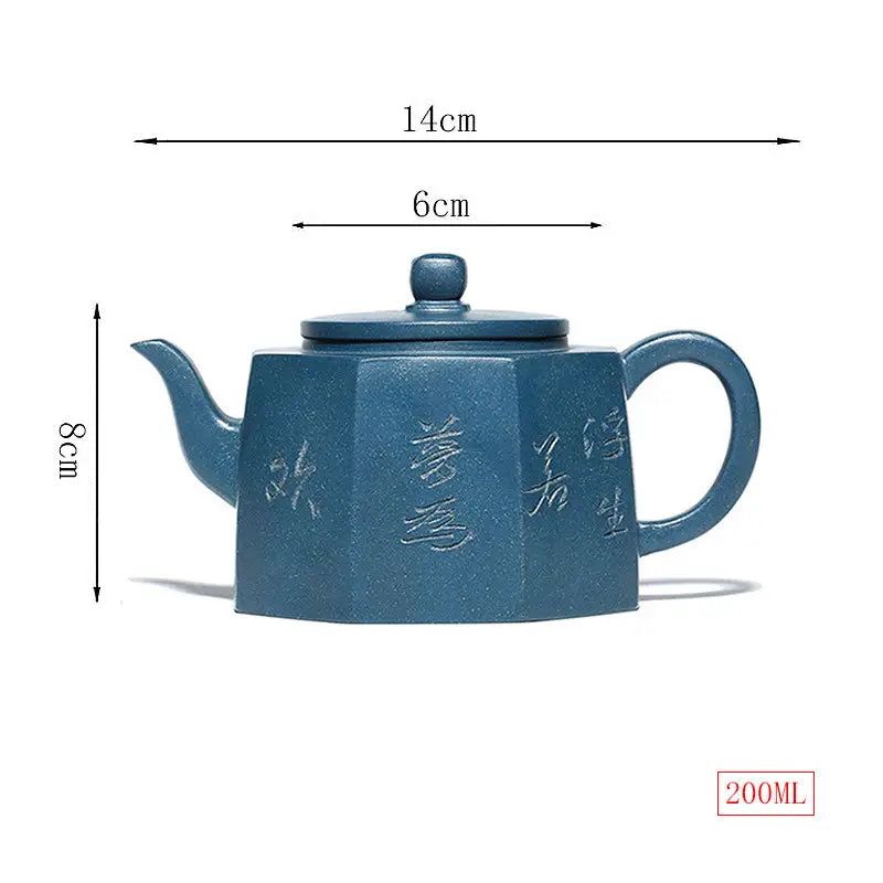 Blue-gray Yixing teapot with dimensions showcasing modern minimalism and octagonal blue design