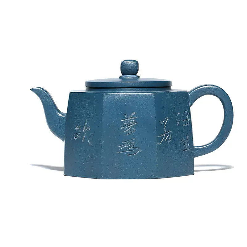 Blue-gray octagonal yixing teapot with rounded handle from Waves of Mindfulness collection