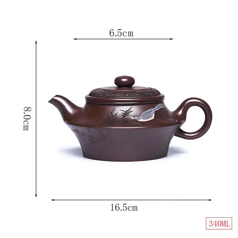 Brown Yixing Zisha teapot with bird design from Whispering Quail collection