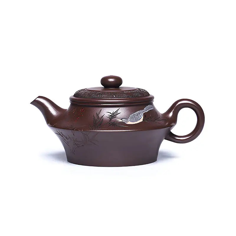 Brown ceramic Yixing Zisha teapot with bird design from Whispering Quail collection