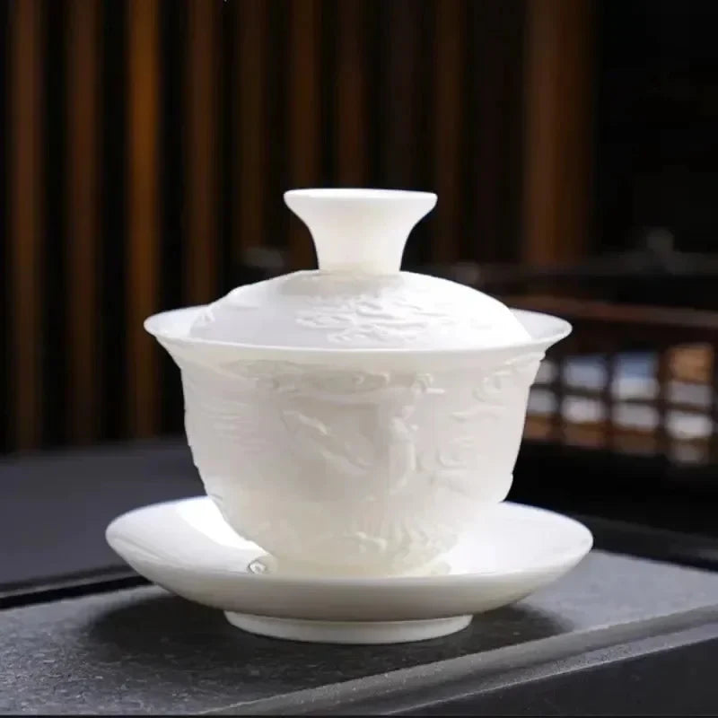 White Porcelain Dragon Gaiwan Gaiwan detail view