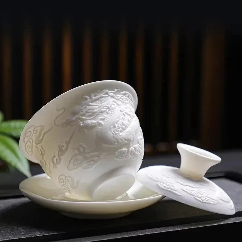 White Porcelain Dragon Gaiwan Gaiwan side view