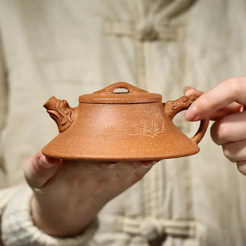 Ornate brown Yixing Zisha teapot from Wind Dragon Zisha pottery collection