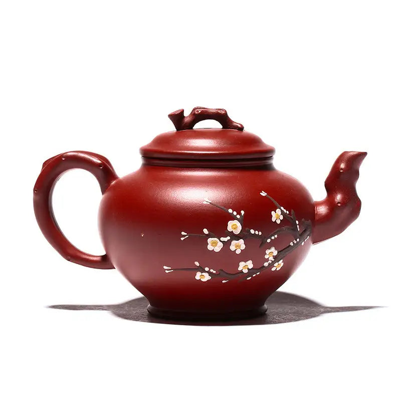 Yixing teapot with hand-painted plum blossoms in authentic Zisha clay for Winter Bloom