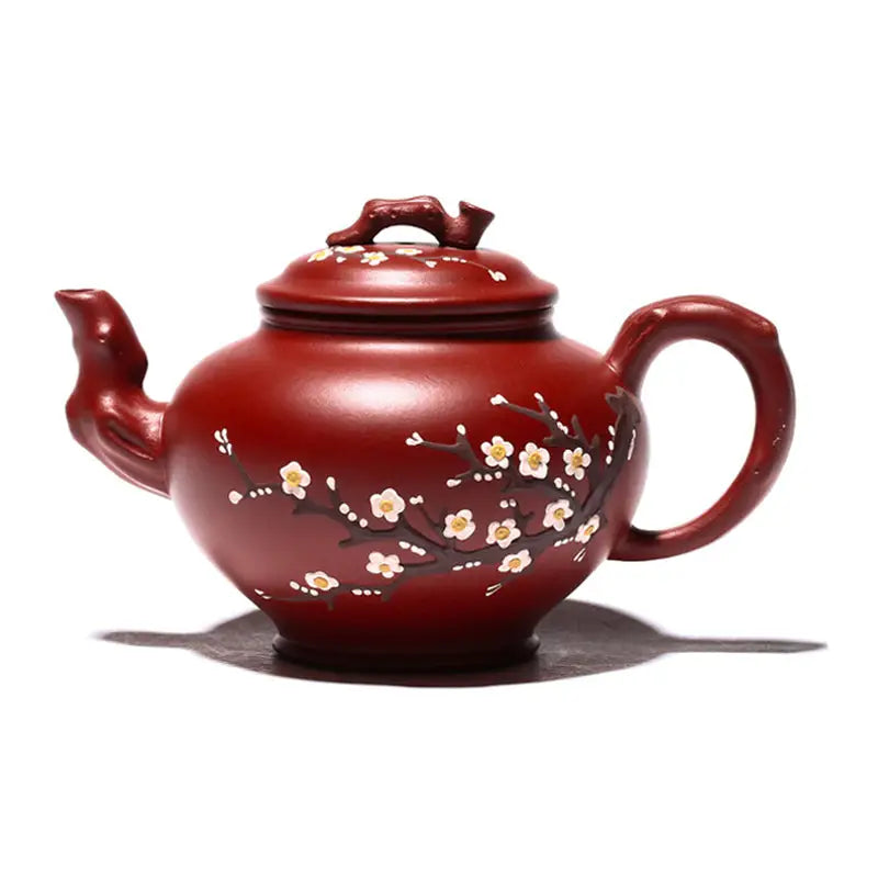 Reddish-brown Yixing teapot with hand-painted plum blossoms from Winter Bloom in authentic Zisha clay