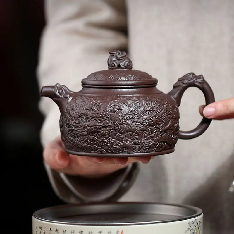 Ornate brown Wishful Dragon Yixing Zisha purple clay teapot for tea lovers