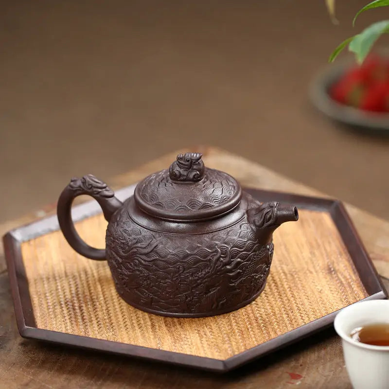 Wishful Dragon ornate brown Yixing Zisha purple clay teapot for tea enthusiasts