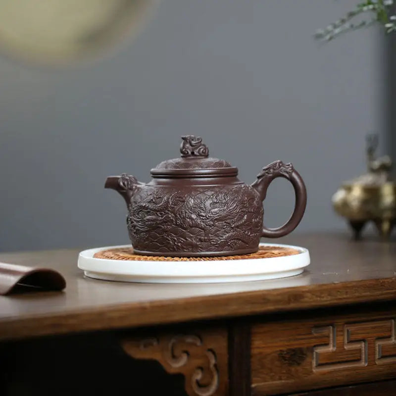 Brown Dragon-embossed Teapot from Wishful Dragon made of Yixing Zisha purple clay