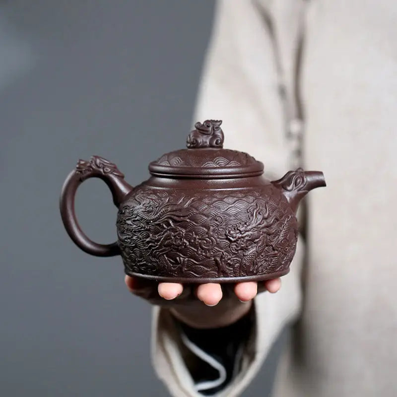 Wishful Dragon ornate brown Yixing Zisha teapot with dragon details in purple clay