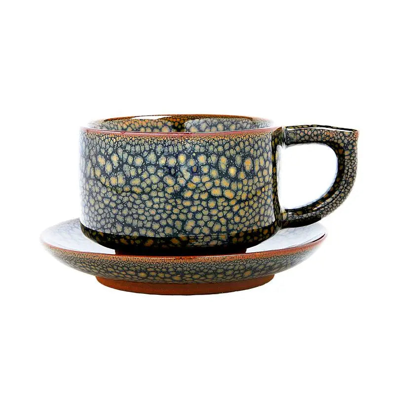 Textured ceramic teacup and saucer featuring crackle glaze Jian Zhan design, ideal as a wood coffee cup or coffee mug